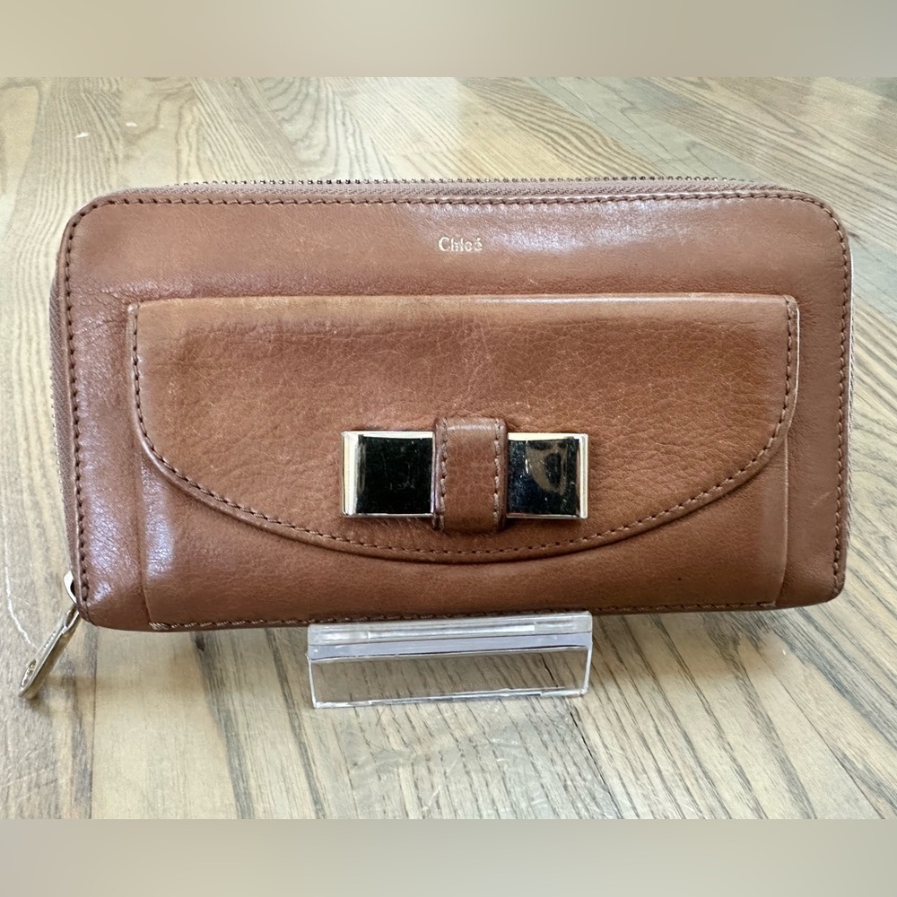 Chloe Brown Leather Wallet with Gold Accents